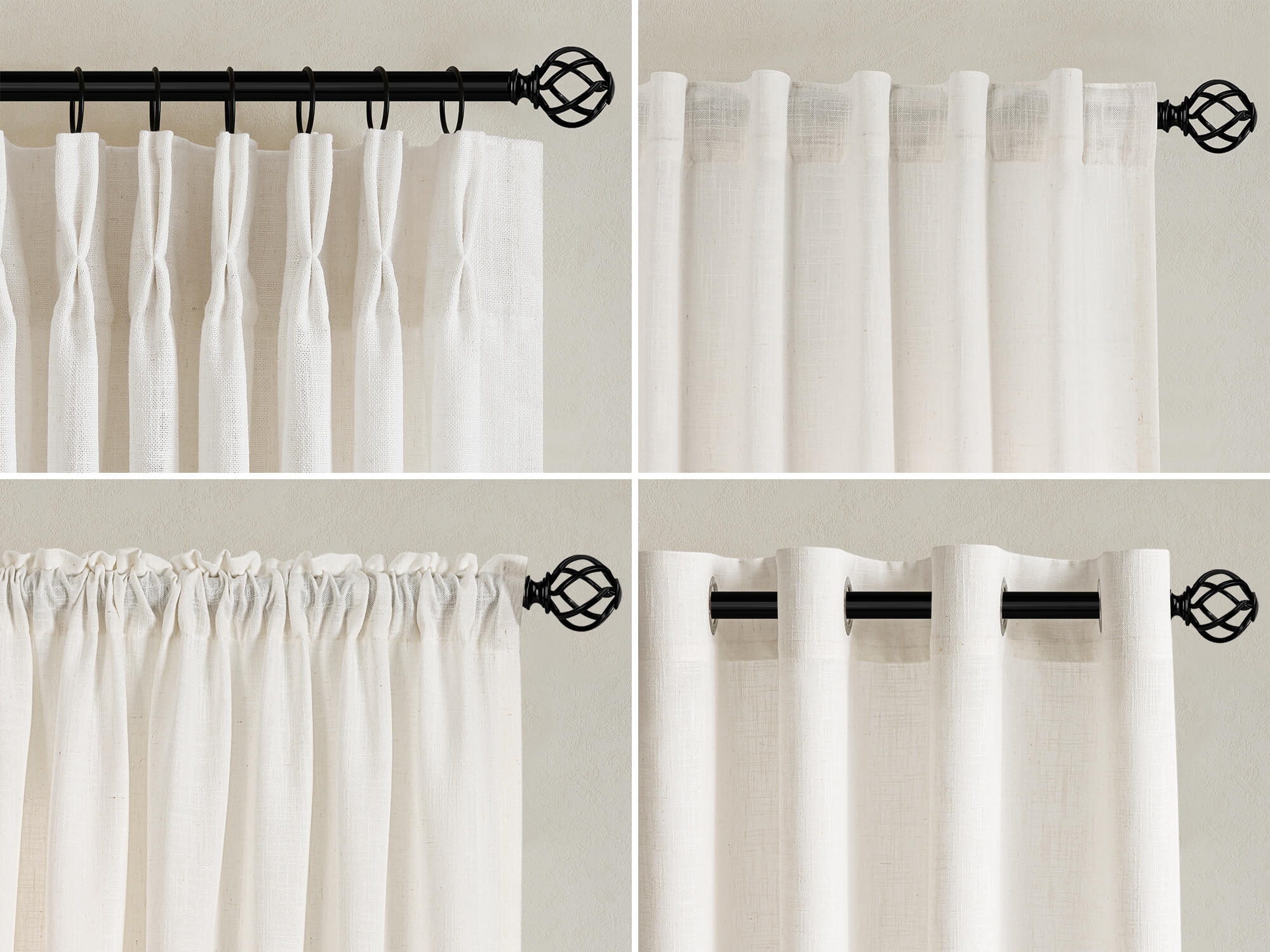 Four Common Curtain Heading Tapes(Pinch Pleated Style、Back Tab Style、Grommet Style、Rod Pocket Style)