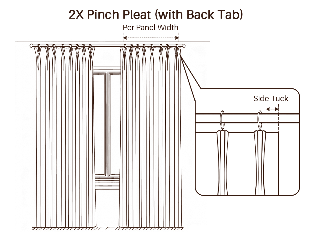 2X pinch pleated curtains with or without back tab, offering moderate fullness and a clean, structured appearance.